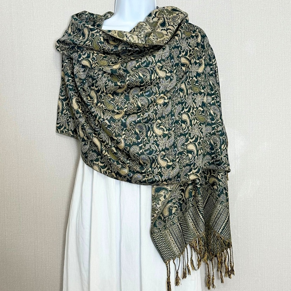 Pashmina Paisley Wrap Shawl Scarf Fringe Green Gold Cotton Silk Blend - Picture 4 of 8